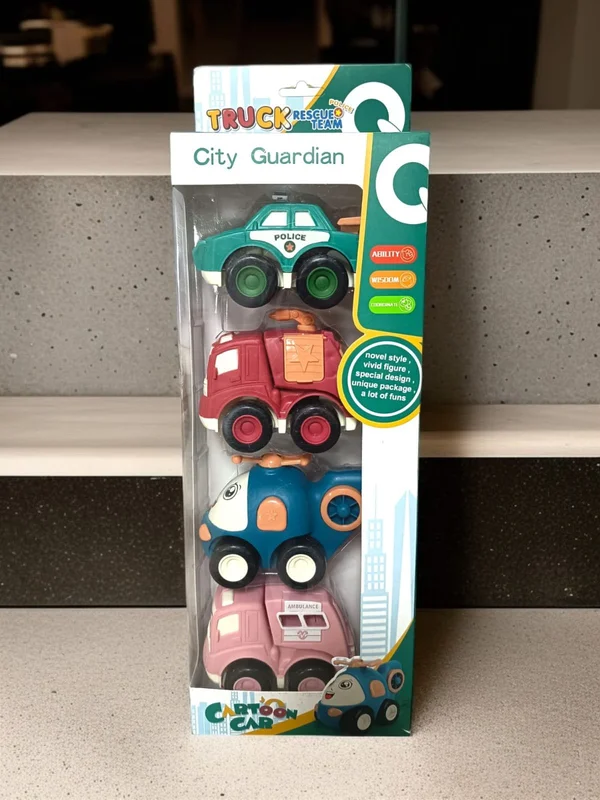 City Guardian Cartoon Car Rescue Team – 4-Piece Friction Powered Vehicle Set for Toddlers